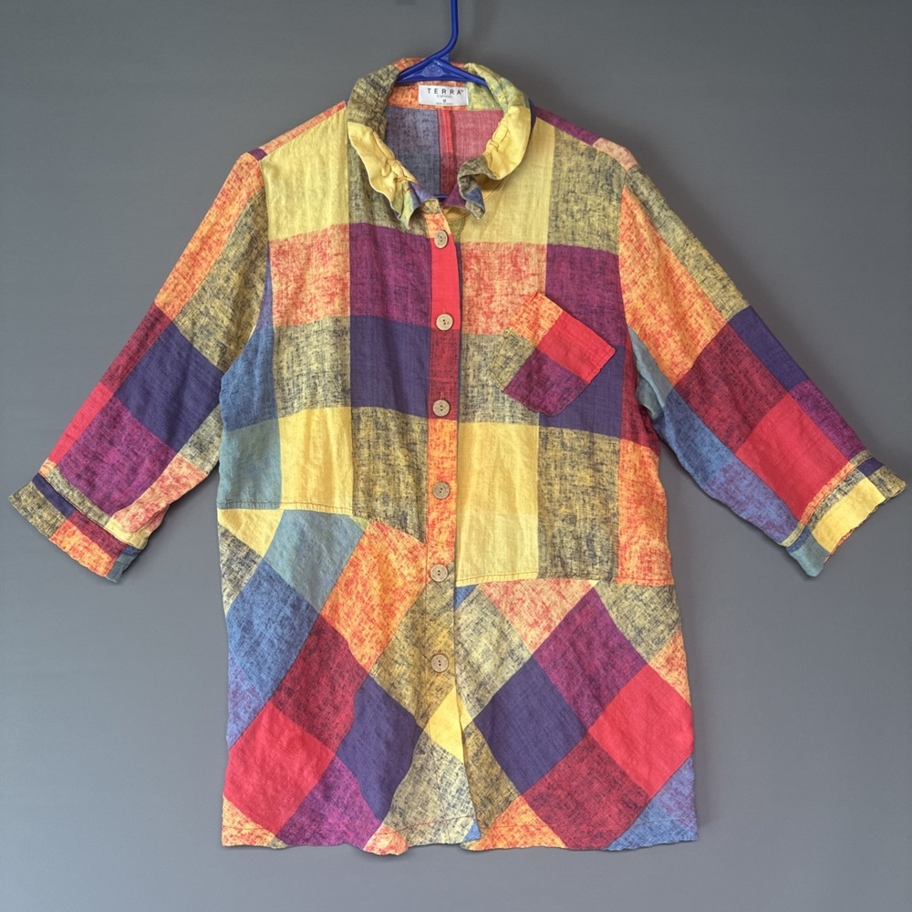Terra SJ Womens M Patchwork Block Print Ruffle Collar Tunic Top Multicolor